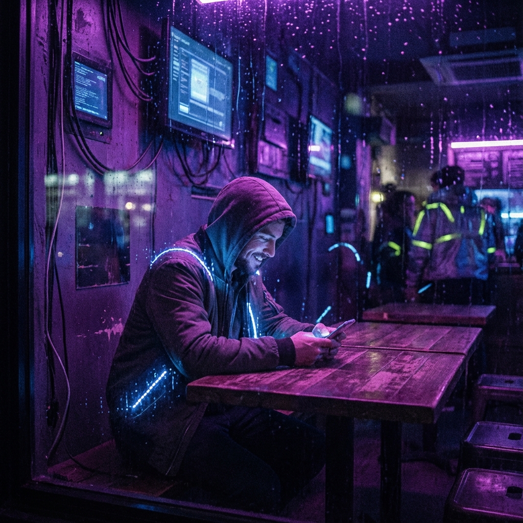 Person using dating app privately in a cafe